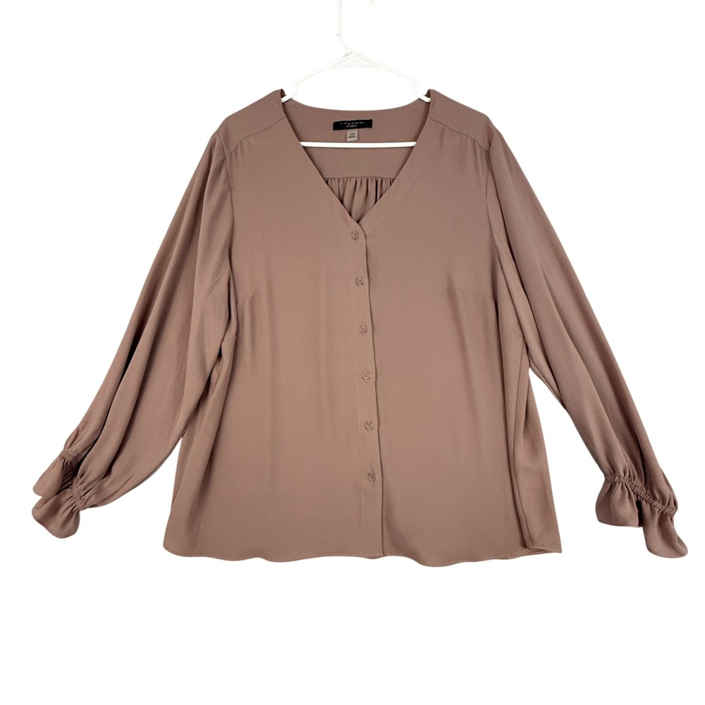 T Tahari Blouse Women's 1X Long Sleeve Button‎ Front Top Relaxed Ruffle Cuff